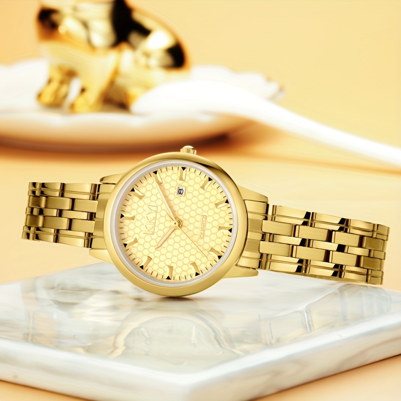 kky analog pointer golden calendar watch waterproof fashion luminous stainless steel watch details 1