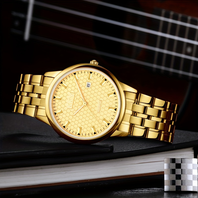 kky analog pointer golden calendar watch waterproof fashion luminous stainless steel watch details 2