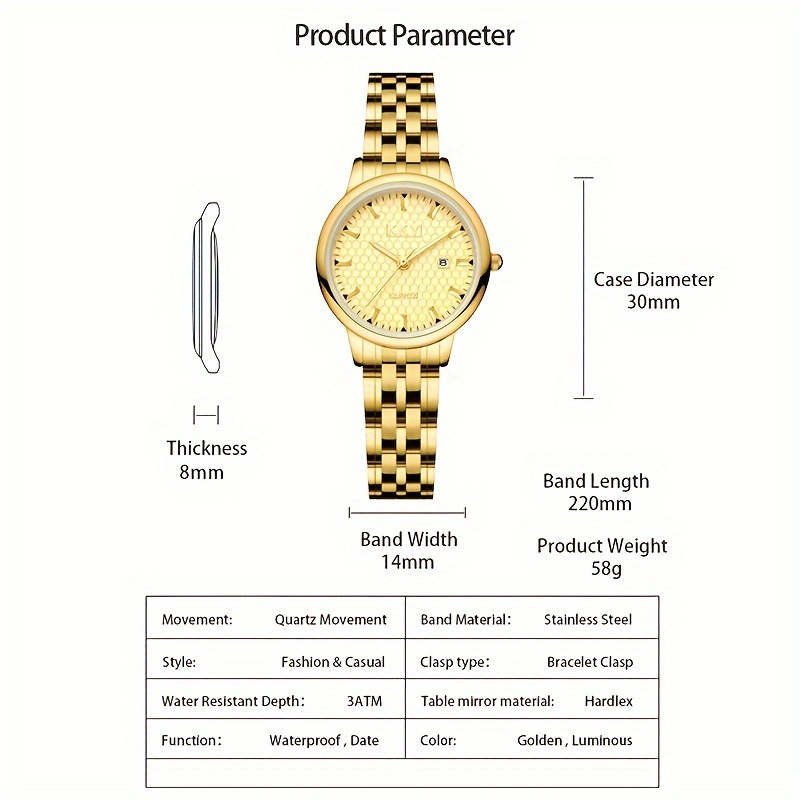 kky analog pointer golden calendar watch waterproof fashion luminous stainless steel watch details 3
