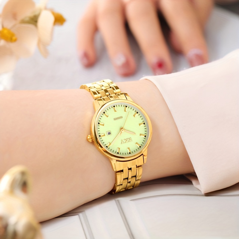 kky analog pointer golden calendar watch waterproof fashion luminous stainless steel watch details 5