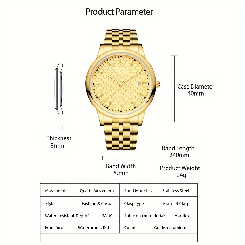 kky analog pointer golden calendar watch waterproof fashion luminous stainless steel watch details 6