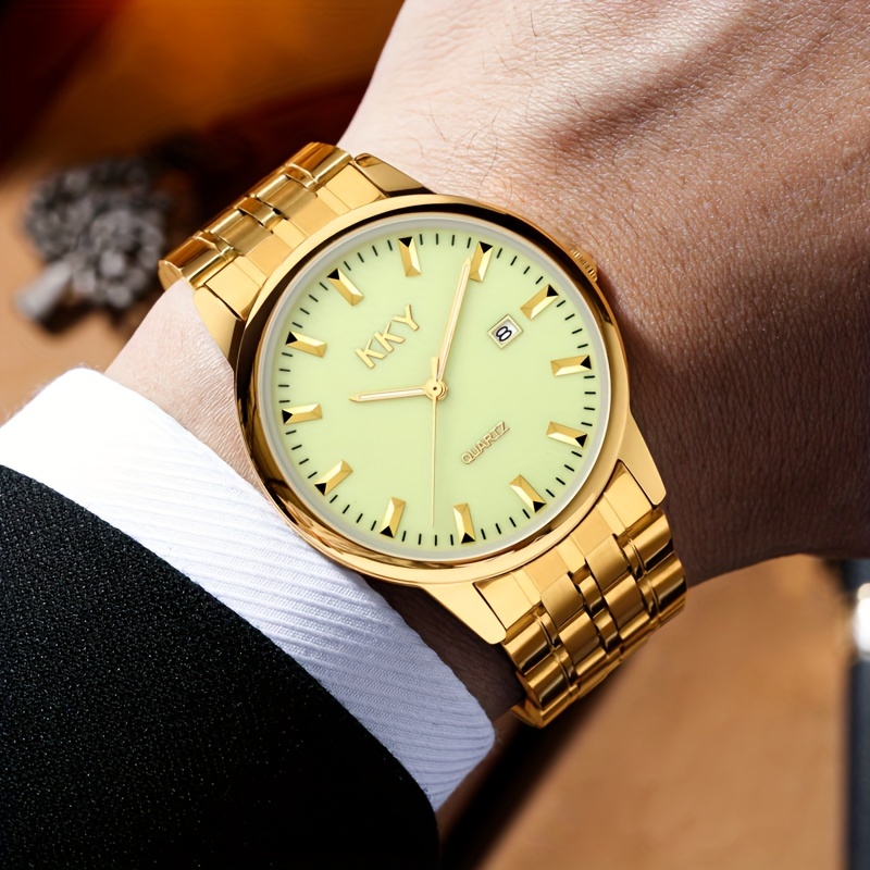 kky analog pointer golden calendar watch waterproof fashion luminous stainless steel watch details 7