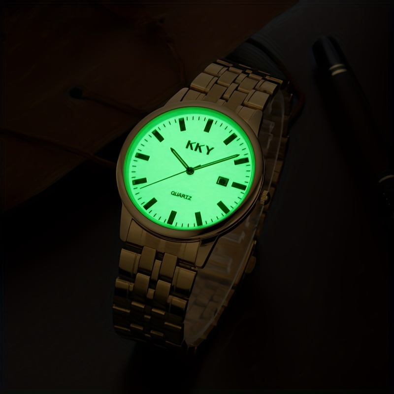 kky analog pointer golden calendar watch waterproof fashion luminous stainless steel watch details 9