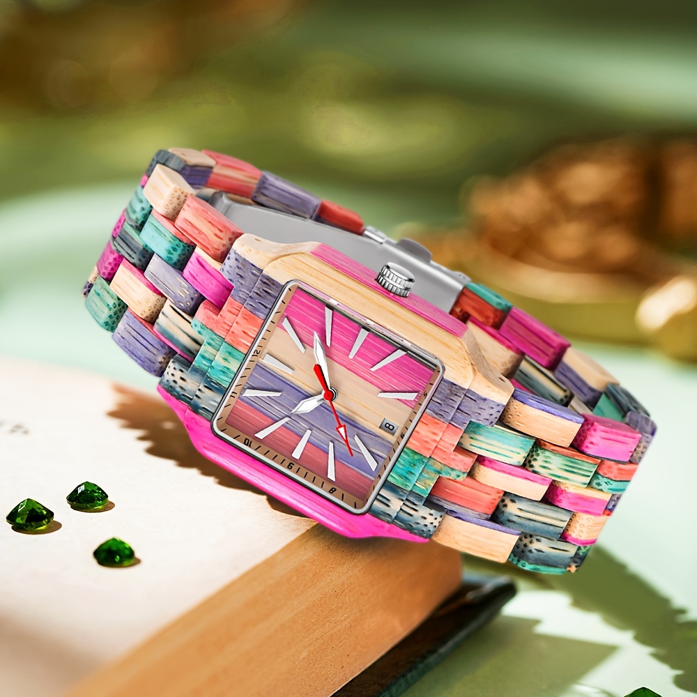 vintage wooden quartz watch for women handmade analog timepiece with luminous hands details 3
