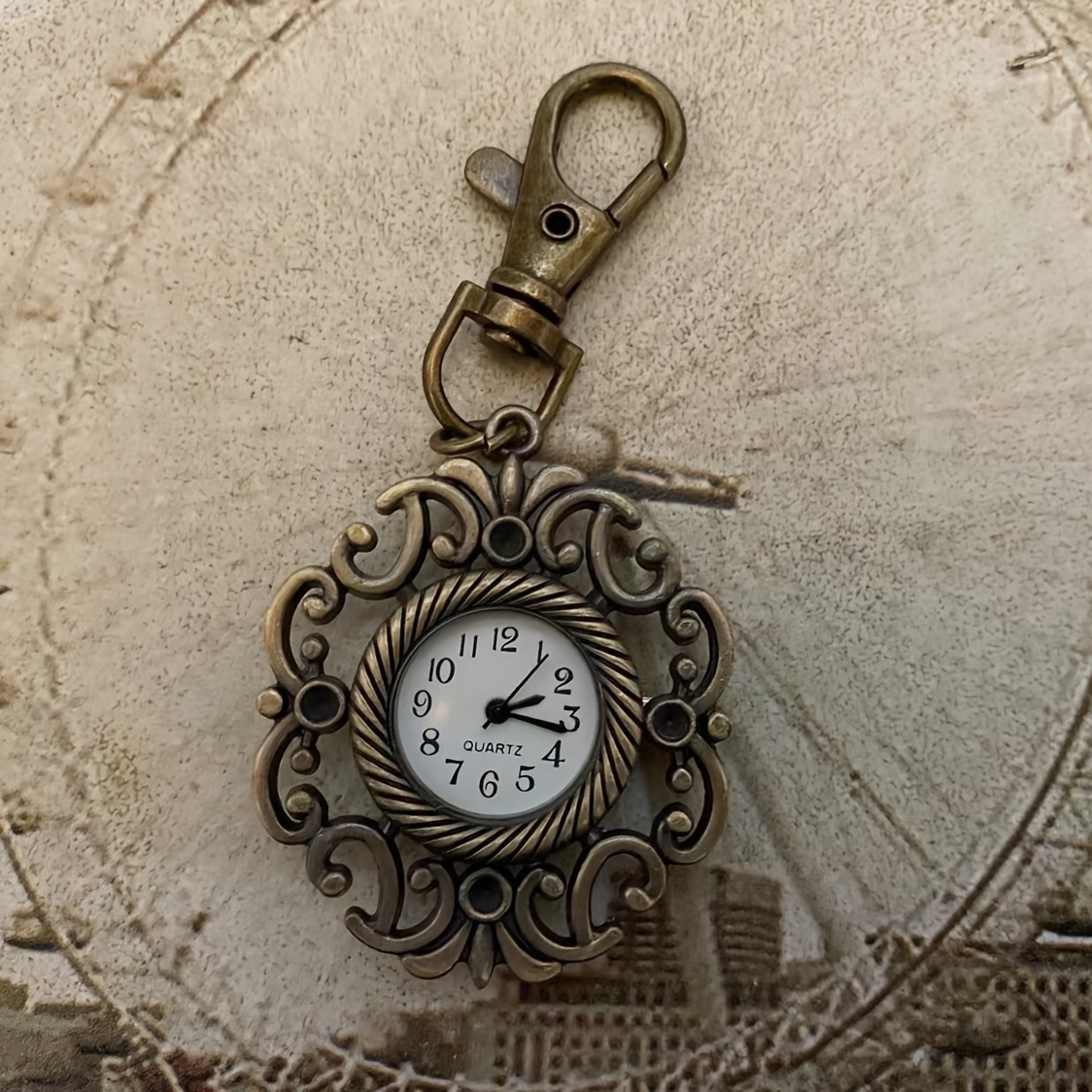 vintage watch hollow novelty bronze key chain creative quartz watch trend pendant bag accessories details 3
