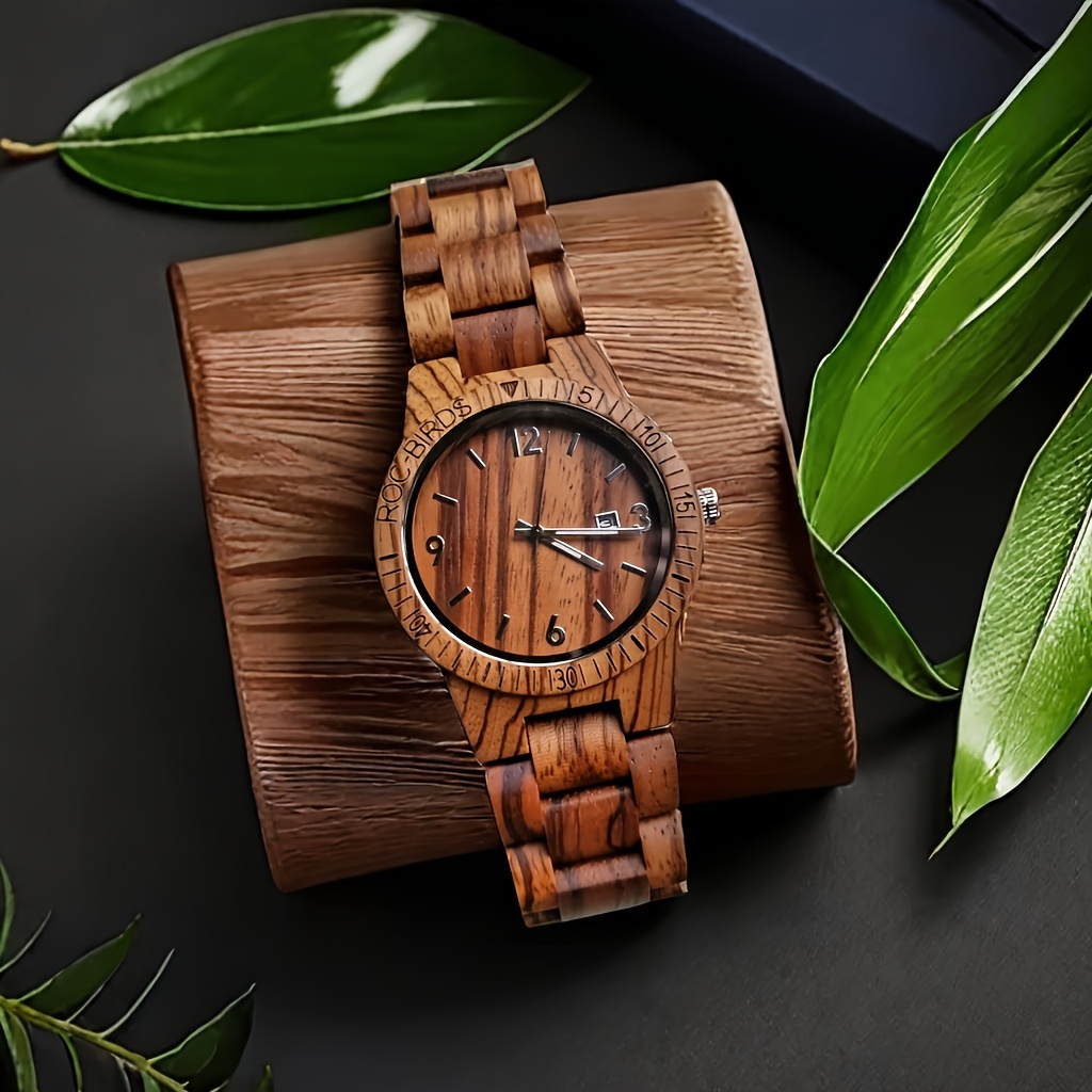 1pc mens date display lightweight wood quartz wrist watches details 2