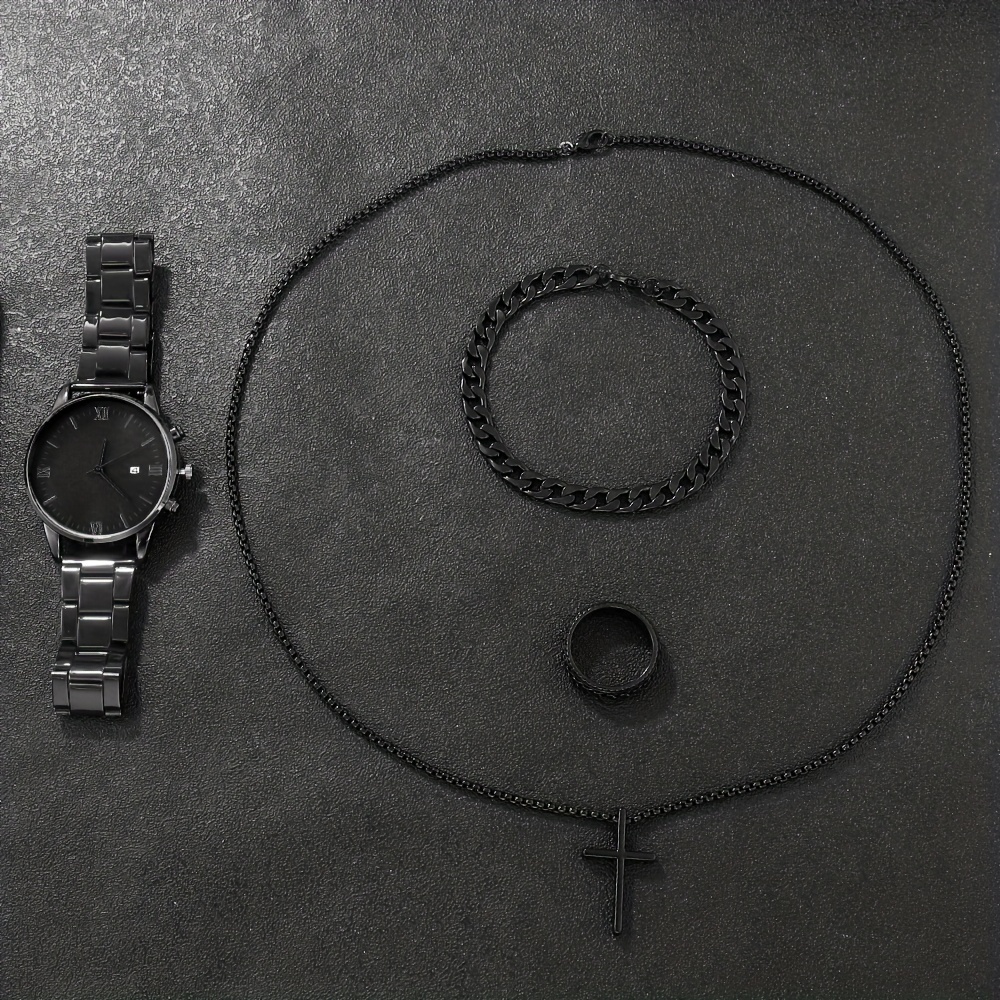 4pcs set mens simple pointer round black calendar quartz watch and black cross pendant necklace ring bracelet set gift for him details 4